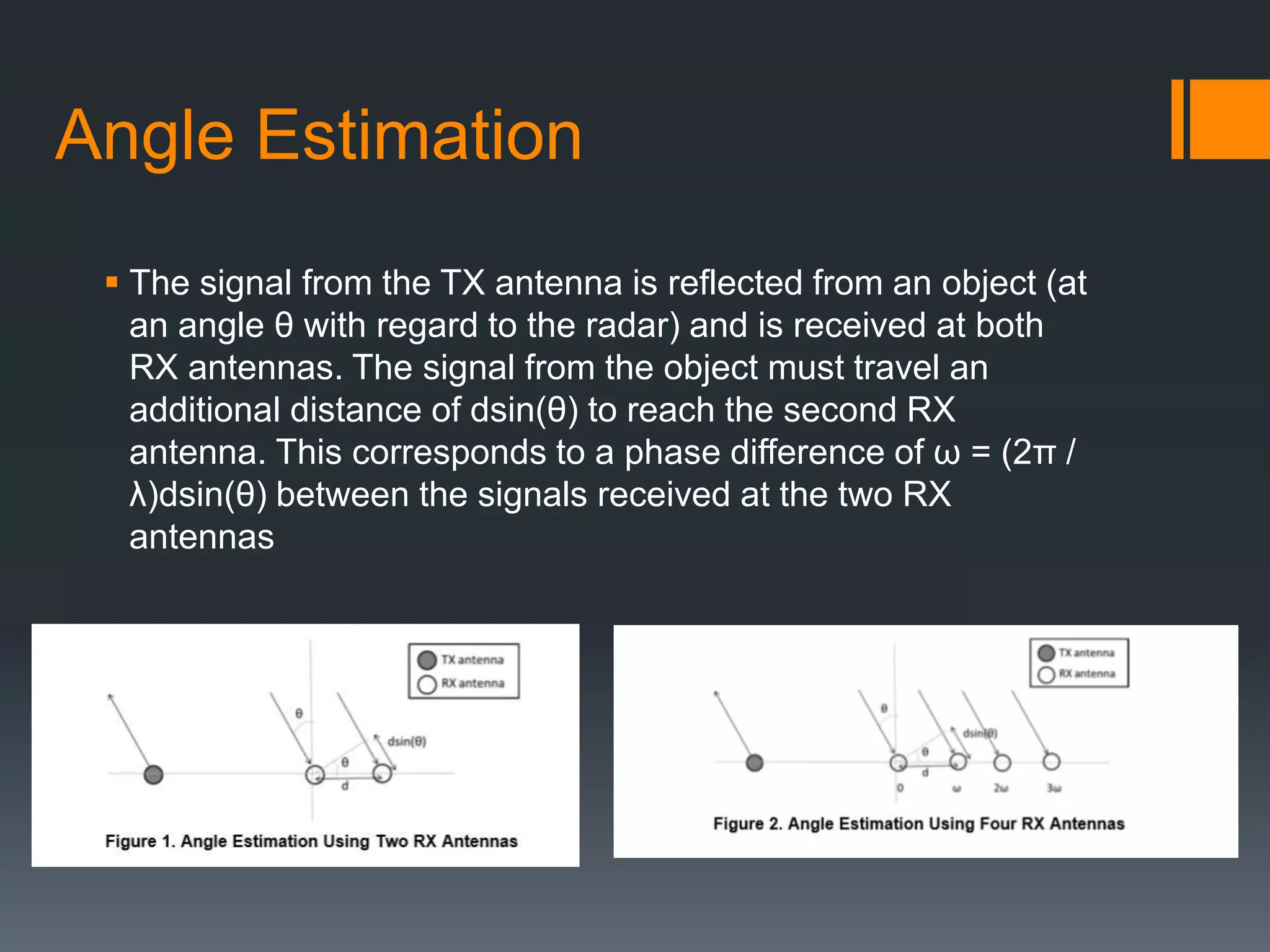 Angle Estimation
 The signal from the TX antenna is reflected from an object (at
an angle θ with regard to the radar) and is received at both
RX antennas. The signal from the object must travel an
additional distance of dsin(θ) to reach the second RX
antenna. This corresponds to a phase difference of ω = (2π /
λ)dsin(θ) between the signals received at the two RX
antennas
 