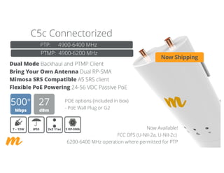 C5c Connectorized
Dual Mode Backhaul and PTMP Client
Bring Your Own Antenna Dual RP-SMA
Mimosa SRS Compatible A5 SRS client
Flexible PoE Powering 24-56 VDC Passive PoE
500+
Mbps
27
dBm
7 – 13W IP55
PTP: 4900-6400 MHz
2x2 11ac 2 RP-SMA
PTMP: 4900-6200 MHz
Now Available!
FCC DFS (U-NII-2a, U-NII-2c)
6200-6400 MHz operation where permitted for PTP
POE options (included in box)
- PoE Wall Plug or G2
Now Shipping
 