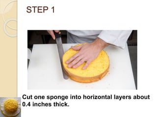 STEP 1
Cut one sponge into horizontal layers about
0.4 inches thick.
 