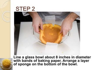 STEP 2
Line a glass bowl about 8 inches in diameter
with bands of baking paper. Arrange a layer
of sponge on the bottom of the bowl.
 