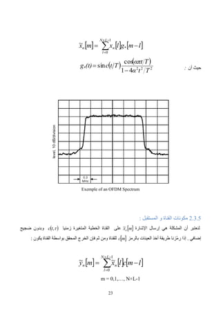 24
َّ
‫إن‬
‫المستقبل‬
‫ب‬ ‫يقوم‬
‫عكسية‬ ‫عملية‬
‫بها‬ ‫يقوم‬ ‫التي‬ ‫للعملية‬
‫المرسل‬
.
‫اإل‬
‫شارة‬
‫المستقبلة‬
 
m
yn
~
( ‫لها‬ ‫والتي‬
-
N+L
1
‫)عينة‬
،
‫قبل‬
‫فك‬
‫ّعديل‬
‫ت‬‫ال‬
‫نحذف‬ ‫أن‬ ‫يجب‬
‫ال‬
(
L
‫عينة‬ )
‫األ‬
‫خيرة‬
‫لإل‬
‫شارة‬
‫نحذف‬ ‫ذلك‬ ‫وبعد‬ ‫المستقبلة‬
‫فاصل‬
‫األ‬
‫مان‬
‫نستعمل‬ ‫لكي‬ ،
‫و‬
‫تحويل‬ ‫خصائص‬ ‫صحيح‬ ‫بشكل‬
‫فوريي‬
‫ه‬
.
‫عملية‬ ‫الحقيقة‬ ‫في‬
‫فك‬
‫ّعديل‬
‫ت‬‫ال‬
( ‫تكون‬
FFT
)
‫و‬ ‫بسيطة‬
‫متوافق‬
‫ة‬
‫مع‬
(
IFFT
‫المستع‬ )
‫ملة‬
‫في‬
‫ّعديل‬
‫ت‬‫ال‬
.
‫ونحتاج‬
‫إل‬
‫يجاد‬
(
N
‫لكل‬ ‫(واحدة‬ ‫عينة‬ )
‫حامل‬
)
‫المستخدمة‬
‫ل‬ ‫كدخل‬
، ‫لمعدل‬
‫واآل‬
‫ن‬
( ‫لنطبق‬
FFT
‫على‬ )
‫اإل‬
‫شارة‬
 
m
yn
~
:
   











1
0
2
exp
~
~ N
l
n
n
N
l
jk
l
y
k
Y 
     
 




















1
0
1
0
2
exp
~
~ N
l
L
N
m
n
n
N
l
jk
m
l
c
m
x
k
Y 
     






















1
0
1
0
2
exp
~
~ N
l
L
N
m
n
n
N
l
jk
m
l
c
m
x
k
Y 
     
 
k
c
N
m
jk
m
x
k
Y
L
N
m
n
n 















 




2
exp
~
~ 1
0
‫األول‬ ‫التعبير‬
‫للجداء‬
‫أعّله‬
‫ل‬ ‫الرياضية‬ ‫للعّلقة‬ ‫مشابه‬
‫فورييه‬ ‫تحويل‬
‫الحقيقة‬ ‫في‬.
‫إذا‬
‫حددنا‬
‫من‬ ‫الجمع‬ ‫حدود‬
(
m=0
( ‫وحتى‬ )
m=N-1
‫حذف‬ ‫يكافئ‬ ‫فهو‬ )
‫أل‬
(
L
‫عينة‬ )
‫األخيرة‬
‫من‬
‫اإل‬
‫شارة‬
‫لذا‬.
‫فإن‬
‫اإل‬
‫شارة‬
‫المستخرجة‬
‫من‬
‫فاك‬
‫ّعديل‬
‫ت‬‫ال‬
: ‫تكون‬
     
 
k
c
N
m
jk
m
x
k
Y
N
m
n
n 















 



2
exp
~
~ 1
0
   
   
 
k
c
k
x
k
Y n
n 


~
     
k
C
k
X
k
Y n
n 
~
 