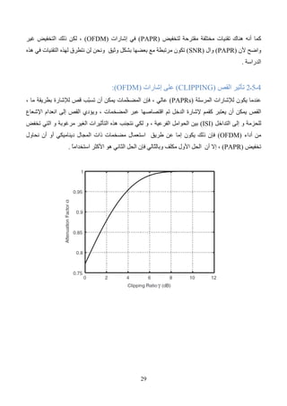 30
5
‫ـ‬
5
‫ـ‬
2
‫ال‬ ‫ضجيج‬
‫طور‬
(Phase noise)
:
‫في‬
‫طرف‬
‫اال‬
‫ستقب‬
‫ال‬
‫فإن‬
‫ال‬
‫مذبذب‬
‫ال‬
‫طور‬ ‫ضجيج‬ ‫يضيف‬ ‫أن‬ ‫يمكن‬ ‫محلي‬
‫ي‬
‫إل‬
‫شارة‬
(
OFDM
)
َّ
‫أن‬ ‫حيث‬ ،
‫ضجيج‬
‫الطور‬
: ‫هما‬ ‫تأثيرين‬ ‫يملك‬ ‫أن‬ ‫يمكن‬

‫المشترك‬ ‫الطور‬ ‫خطأ‬
(Common Phase Error)
(
CPE
‫دوران‬ ‫عن‬ ‫الناتج‬ )
(
CONSTELLATION
)
‫اإل‬
‫شارة‬

‫ال‬
‫تداخل‬
(
Inter
Carrier-Interference
()
ICI
، )
‫وذلك‬
‫إلضافة‬ ‫مشابه‬ ‫بشكل‬
‫ال‬
‫ضجيج‬
‫ال‬
‫غوص‬
.‫ي‬
‫من‬ ‫كل‬ ‫قام‬
(
BBC
)
(‫و‬
R&D
)
‫ب‬
‫تحليّلت‬ ‫عمل‬
‫على‬
‫في‬ ‫الطور‬ ‫ضجيج‬ ‫تأثيرات‬
‫إشارة‬
(
OFDM
)
،
‫هذه‬
‫التحليّلت‬
‫أن‬ ‫تبين‬
(Common Phase Error)
(
CPE
)
‫ي‬
‫الحوامل‬ ‫كل‬ ‫على‬ ‫ظهر‬
،
‫و‬
‫الحقيقة‬ ‫في‬
‫فإن‬
‫كوكبة‬
‫اإل‬
‫شارة‬
‫الدوران‬ ‫لنفس‬ ‫خاضع‬ ‫المعطى‬ ‫الرمز‬ ‫ضمن‬
‫بالنسبة‬
‫لكل‬
‫وهذ‬ ‫الحوامل‬
‫باستعمال‬ ‫يصحح‬ ‫أن‬ ‫يمكن‬ ‫التأثير‬ ‫ا‬
‫إشارة‬
‫مرجعية‬
‫الرمز‬ ‫نفس‬ ‫ضمن‬ ‫موجودة‬
.
‫و‬
‫إن‬
‫ه‬
‫التغلب‬ ً
‫ا‬‫جد‬ ‫الصعب‬ ‫من‬
‫على‬
(Inter Carrier Interference)
(
ICI
)
‫ا‬ ‫للضجيج‬ ‫نتيجة‬
‫ل‬
‫جمعي‬
(additive noise)
‫و‬
‫ا‬
‫ل‬
‫ذي‬
‫بين‬ ‫مختلف‬ ‫يكون‬
‫الحوامل‬
‫و‬
‫هذا‬
‫االختّلف‬
‫ك‬ ‫يترجم‬ ‫إن‬ ‫يمكن‬
‫في‬ ‫خسارة‬
‫ال‬
‫خاصية‬
‫التعامدية‬
.
6
‫ـ‬
5
‫ـ‬
2
‫ال‬
‫خطأ‬
‫ّد‬
‫د‬‫التر‬
‫ي‬
(Frequency error)
:
( ‫نظام‬
OFDM
‫من‬ ‫لنوعين‬ ‫خاضع‬ ‫يكون‬ ‫أن‬ ‫يمكن‬ )
‫األخطاء‬
‫ّد‬
‫د‬‫التر‬
‫ية‬
‫هما‬
:

‫اإلزاحة‬
‫ّد‬
‫د‬‫التر‬
‫ية‬
‫التي‬
‫تحدث‬ ‫أن‬ ‫يمكن‬
‫سبب‬
‫ل‬ ‫التحمل‬ ‫تردد‬
‫المحلي‬ ‫لمذبذب‬
.

‫تردد‬ ‫في‬ ‫الخطأ‬
‫ساعة‬
‫المكشوفة‬ ‫للحوامل‬ ‫مباعدة‬ ‫يسبب‬ ‫سوف‬ ‫الرئيسية(الذي‬ ‫المستقبل‬
‫المرسلة‬ ‫تلك‬ ‫عن‬ ‫مختلفة‬ ‫لتكون‬
)
.
‫و‬
‫قبل‬
‫إيجاد‬
‫المش‬ ‫لتلك‬ ‫الحلول‬
‫يحدد‬ ‫ألن‬ ‫النظام‬ ‫مصمم‬ ‫يحتاج‬ ‫اكل‬
‫الخطأ‬
‫ّد‬
‫د‬‫التر‬
‫المسموح‬ ‫ي‬
‫تؤثر‬ ‫وكيف‬
‫تلك‬
‫األخطاء‬
‫على‬
‫اإل‬
‫شا‬
‫رة‬
‫المستلمة‬
.
‫ك‬
‫من‬ ‫ل‬
‫هذه‬
‫األخطاء‬
‫تم‬
‫ت‬
‫حل‬
‫ي‬
‫ل‬
‫أن‬ ‫وتبين‬ ‫ها‬
‫تأثير‬
‫اإلزاحة‬
‫ّد‬
‫د‬‫التر‬
‫ية‬
‫متساوي‬ ‫الحوامل‬ ‫معظم‬ ‫على‬
‫ت‬ ‫وهي‬
‫ؤثر‬
‫بشكل‬
‫منخفض‬
‫على‬
‫الحامل‬ ‫حافة‬
،
‫أن‬ ‫كما‬
‫ال‬
(
ICI
)
‫الناتج‬
‫عن‬
‫إزاحة‬
‫ترددية‬
‫ثابتة‬
‫مطلق‬
، ‫الحوامل‬ ‫عدد‬ ‫بزيادة‬ ‫يزداد‬ ً
‫ا‬
‫للنظام‬ ‫الحزمة‬ ‫عرض‬ ‫بقاء‬ ‫مع‬
ً
‫ا‬‫ثابت‬
.
‫و‬
‫يتمثل‬ ‫فهو‬ ‫المستقبل‬ ‫ساعة‬ ‫تردد‬ ‫في‬ ‫للخطأ‬ ‫بالنسبة‬
‫بغياب‬
‫اإلزاحة‬
‫ّد‬
‫د‬‫التر‬
‫ية‬
،
‫ويسبب‬
‫الحوامل‬ ‫تساوي‬ ‫عدم‬
 