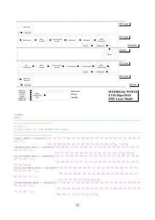 53
%--------------------------------------------------------------------------------
------------------------
% Part 2
% Forward Error Correction (FEC):
% Generator and Primitive Polynomials
% Generator Polynomial is a Galois Field Array [1 59 13 104 189 68 209 30 8 163
65 41 229 98 50 36 59]
% Primitive Polynomial is [1 0 0 0 1 1 1 0 1]
%--------------------------------------------------------------------------------
------------------------
Gen_Poly = [1 gf(2,8)^0];
for Index = 1 : 15
Gen_Poly = conv(Gen_Poly, [1 gf(2,8)^Index]);
end
Prim_Poly = [1 0 0 0 1 1 1 0 1];
%--------------------------
% Interleaver
% Ncbps 384, 768, 1152 for QPSK, 16-QAM, 64-QAM Respectively
% Ncpc 2, 4, 6 for QPSK, 16-QAM, 64-QAM
Ncbps = 384;
Ncpc = 2;
k = 0 : Ncbps - 1;
mk = (Ncbps/12) * mod(k,12) + floor(k/12);
s = ceil(Ncpc/2);
jk = s * floor(mk/s) + mod(s, mk + Ncbps - floor(12 * mk/Ncbps));
[s,int_idx]=sort(jk);
%End Part 2
%-------------------------------------------------------------------------
%QPSK Modulator
Ry = ones(2,1)*[+1 -1];
Iy = [+1 -1]'*ones(1,2);
qamconst = Ry + i * Iy;
qamconst = qamconst(:)/sqrt(2);
 