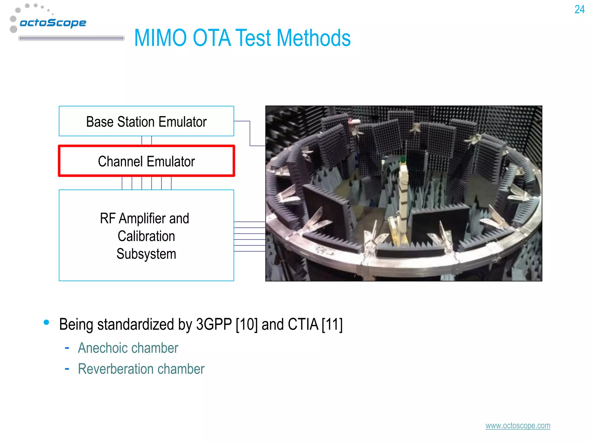 24

MIMO OTA Test Methods

Base Station Emulator
Channel Emulator

RF Amplifier and
Calibration
Subsystem

•

Being standardized by 3GPP [10] and CTIA [11]
Anechoic chamber
Reverberation chamber

www.octoscope.com

 