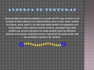 Esta actividad se pretende establecer en el patio del CEI, bajo el techo el cual consiste en llenar albercas con material distinto como confeti, harina, pelotas de colores, arena, aserrín y en esta área habrá también una grabadora con música clásica. Estas albercas tendrán caminos, para llegar hacia ellas tendrán que caminar descalzos los cuales también serán de diferentes texturas como plumas, esponjas suaves y rugosa tipo fibra para trastes, tela lisa, terciopelo, cascaron, lija, etcétera. ALBERCA DE TEXTURAS 