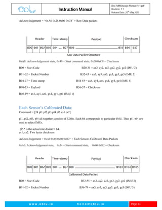 Instruction Manual
Doc: MIMUscope-Manual-1v1.pdf
Revision: 1.1
Release Date: 20
th
May 2017
w w w . o b l u . i o h e l l o @ o b l u . i o Page 23
Acknowledgement = “0xA0 0x28 0x00 0xC8” + Raw Data packets
0xA0: Acknowledgement state, 0x40 = Start command state, 0x00 0xC8 = Checksum
B00 = Start Code B20-31 = ax2, ay2, az2, gx2, gy2, gz2 (IMU 2)
B01-02 = Packet Number B32-43 = ax3, ay3, az3, gx3, gy3, gz3 (IMU 3)
B04-07 = Time stamp B44-55 = ax4, ay4, az4, gx4, gy4, gz4 (IMU 4)
B08-55 = Payload B56-57 = Checksum
B08-19 = ax1, ay1, az1, gx1, gy1, gz1 (IMU 1)
Each Sensor’s Calibrated Data:
Command = [24 pl1 pl2 pl3 pl4 pl5 cs1 cs2]
pl1, pl2, pl3, pl4 all together consists of 32bits. Each bit corresponds to particular IMU. Thus pl1-pl4 are
used to select IMUs.
pl5* is the actual rate divider+ 64.
cs1, cs2: Two bytes checksum
Acknowledgement = 0xA0 0x18 0x00 0xB2" + Each Sensors Calibrated Data Packets
0xA0: Acknowledgement state, 0x34 = Start command state, 0x00 0xB2 = Checksum
B00 = Start Code B32-55 = ax2, ay2, az2, gx2, gy2, gz2 (IMU 2)
B01-02 = Packet Number B56-79 = ax3, ay3, az3, gx3, gy3, gz3 (IMU 3)
 
