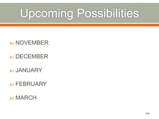  NOVEMBER 
 DECEMBER 
 JANUARY 
 FEBRUARY 
 MARCH 
168 
 