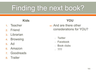Kids 
1. Teacher 
2. Friend 
3. Librarian 
4. Browsing 
5. Ad 
6. Amazon 
7. Goodreads 
8. Trailer 
YOU 
 And are there other 
considerations for YOU? 
o Twitter 
o Facebook 
o Book clubs 
o ??? 
183 
 