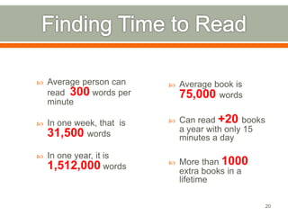  Average person can 
read 300 words per 
minute 
 In one week, that is 
31,500 words 
 In one year, it is 
1,512,000 words 
 Average book is 
75,000 words 
 Can read +20 books 
a year with only 15 
minutes a day 
 More than 1000 
extra books in a 
lifetime 
20 
 