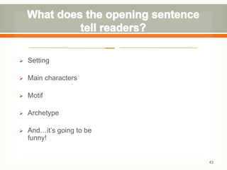 – 
 Setting 
 Main characters 
 Motif 
 Archetype 
 And…it’s going to be 
funny! 
Plus it addresses this 
CCSS (anchor standard): 
Write narratives to develop 
real or imagined 
experiences or events 
using effective technique, 
well-chosen details, 
and well-structured event 
sequences 
43 
 