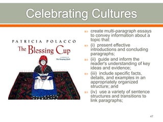  create multi-paragraph essays 
to convey information about a 
topic that: 
 (i) present effective 
introductions and concluding 
paragraphs; 
 (ii) guide and inform the 
reader's understanding of key 
ideas and evidence; 
 (iii) include specific facts, 
details, and examples in an 
appropriately organized 
structure; and 
 (iv) use a variety of sentence 
structures and transitions to 
link paragraphs; 
47 
 