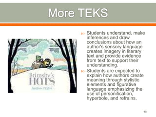  Students understand, make 
inferences and draw 
conclusions about how an 
author's sensory language 
creates imagery in literary 
text and provide evidence 
from text to support their 
understanding. 
 Students are expected to 
explain how authors create 
meaning through stylistic 
elements and figurative 
language emphasizing the 
use of personification, 
hyperbole, and refrains. 
48 
 