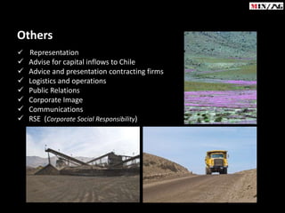 Others
 Representation
   Advise for capital inflows to Chile
   Advice and presentation contracting firms
   Logistics and operations
   Public Relations
   Corporate Image
   Communications
   RSE (Corporate Social Responsibility)
 