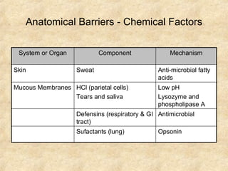 Anatomical Barriers - Chemical Factors System or Organ Component Mechanism Skin Sweat Anti-microbial fatty acids Mucous Membranes HCl (parietal cells) Tears and saliva Low pH Lysozyme and phospholipase A Defensins (respiratory & GI tract) Antimicrobial Sufactants (lung) Opsonin 