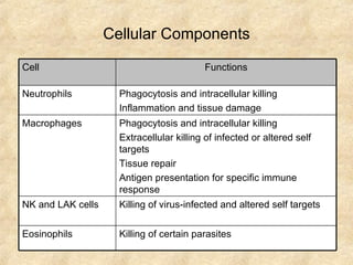 Cellular Components Cell Functions Neutrophils Phagocytosis and intracellular killing Inflammation and tissue damage Macrophages Phagocytosis and intracellular killing Extracellular killing of infected or altered self targets Tissue repair Antigen presentation for specific immune response NK and LAK cells Killing of virus-infected and altered self targets Eosinophils Killing of certain parasites 