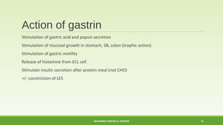 Action of gastrin 
Stimulation of gastric acid and pepsin secretion 
Stimulation of mucosal growth in stomach, SB, colon (trophic action) 
Stimulation of gastric motility 
Release of histamine from ECL cell 
Stimulate insulin secretion after protein meal (not CHO) 
+/- constriction of LES 
MUHAMMAD RAMZAN UL REHMAN 14 
 