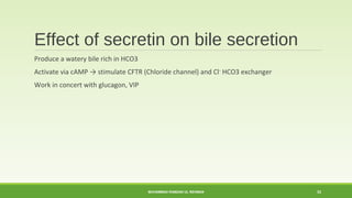 Effect of secretin on bile secretion 
Produce a watery bile rich in HCO3 
Activate via cAMP → stimulate CFTR (Chloride channel) and Cl– HCO3 exchanger 
Work in concert with glucagon, VIP 
MUHAMMAD RAMZAN UL REHMAN 33 
 