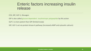 Enteric factors increasing insulin 
release 
CCK, GIP, GLP-1, Glucagon 
GIP is also called glucose-dependent insulinotropic polypeptide by this action 
GLP-1 is more potent than GIP (limited study) 
GIP, GLP-1 act via protein kinase A pathway (increased cAMP and cytosolic calcium) 
MUHAMMAD RAMZAN UL REHMAN 39 
 