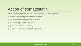 Action of somatostatin 
Inhibit secretion of gastrin, VIP, GIP, secretin, motilin, GH, insulin, glucagon 
↑ fluid absorption and ↓ secretion from intestine 
↓ endocrine and exocrine pancreatic secretion 
↓ bile flow and gall bladder contraction 
↓ gastric acid secretion and motility 
↓ absorption of glucose, amino acid, triglyceride 
MUHAMMAD RAMZAN UL REHMAN 50 
 