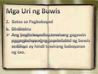 PaglikhangmgaPampublikongProduktoc. PatataginangEkonomiyaKailangangpagbutihinngpamahalaanangpaglilikomnitongkita at pondonagagamitinniyasapagbibigayngmgaserbisyongpambayan.Angmgapampublikongproduktonaipinagkakaloobngpamahalaan ay parasakagalingannglahatngtao, mahirap man o mayaman.Sa mgapinagkukunanngkitangpamahalaan,angpagbubuwisangnakapag-aambagnangmalakisapondongbayan.BuwisPangungutangPINAGMUMULAN NGKITA NG PAMAHALAAN KITA NGPAMAHALAANKita ngNegosyoPagbebentangAri-arian