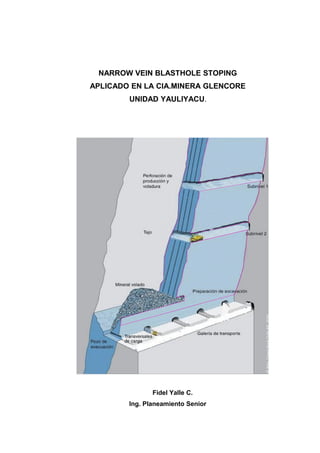 NARROW VEIN BLASTHOLE STOPING
APLICADO EN LA CIA.MINERA GLENCORE
        UNIDAD YAULIYACU.




               Fidel Yalle C.
        Ing. Planeamiento Senior
 