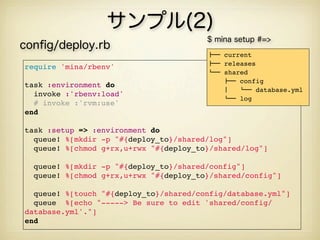 サンプル(2)
                                        $ mina setup #=>
conﬁg/deploy.rb
                                        !"" current
                                        !"" releases
require 'mina/rbenv'
                                        #"" shared
                                            !"" config
task :environment do
                                            $   #"" database.yml
  invoke :'rbenv:load'
                                            #"" log
  # invoke :'rvm:use'
end

task :setup => :environment do
  queue! %[mkdir -p "#{deploy_to}/shared/log"]
  queue! %[chmod g+rx,u+rwx "#{deploy_to}/shared/log"]

  queue! %[mkdir -p "#{deploy_to}/shared/config"]
  queue! %[chmod g+rx,u+rwx "#{deploy_to}/shared/config"]

  queue! %[touch "#{deploy_to}/shared/config/database.yml"]
  queue %[echo "-----> Be sure to edit 'shared/config/
database.yml'."]
end
 