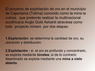 El proyecto de explotación de oro en el municipio
de Cajamarca (Tolima) conocido como la mina la
colosa, que pretende realizar la multinacional
surafricana Anglo Gold Ashanti atraviesa como
todo proyecto minero por dos etapas:
1.Exploración: se determina la cantidad de oro, su
ubicación y distribución.
2.Explotación : si el oro es profundo y concentrado,
se explota mediante túneles; si de lo contrario
diseminado se explota mediante una mina a cielo
abierto.
 