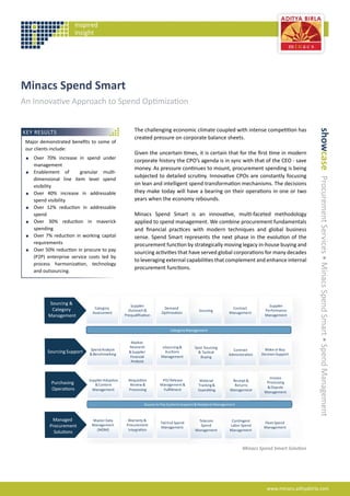 Minacs Spend Smart
An Innova ve Approach to Spend Op miza on


                                                     The challenging economic climate coupled with intense compe                             on has




                                                                                                                                                      showcase Procurement Services • Minacs Spend Smart • Spend Management
KEY RESULTS
                                                     created pressure on corporate balance sheets.
 Major demonstrated beneﬁts to some of
 our clients include:
                                                     Given the uncertain mes, it is certain that for the ﬁrst me in modern
    Over 70% increase in spend under
                                                     corporate history the CPO’s agenda is in sync with that of the CEO - save
    management
                                                     money. As pressure con nues to mount, procurement spending is being
    Enablement of        granular mul -
                                                     subjected to detailed scru ny. Innova ve CPOs are constantly focusing
    dimensional line item level spend
    visibility                                       on lean and intelligent spend transforma on mechanisms. The decisions
    Over 40% increase in addressable                 they make today will have a bearing on their opera ons in one or two
    spend visibility                                 years when the economy rebounds.
    Over 12% reduc on in addressable
    spend                                            Minacs Spend Smart is an innova ve, mul -faceted methodology
    Over 30% reduc on in maverick                    applied to spend management. We combine procurement fundamentals
    spending                                         and ﬁnancial prac ces with modern techniques and global business
    Over 7% reduc on in working capital              sense. Spend Smart represents the next phase in the evolu on of the
    requirements                                     procurement func on by strategically moving legacy in-house buying and
    Over 50% reduc on in procure to pay
                                                     sourcing ac vi es that have served global corpora ons for many decades
    (P2P) enterprise service costs led by
                                                     to leveraging external capabili es that complement and enhance internal
    process harmoniza on, technology
                                                     procurement func ons.
    and outsourcing.




          Sourcing &                               Supplier                                                                   Supplier
           Category            Category                              Demand                                Contract
          Category                                Outreach &                             Sourcing                           Performance
                              Assessment                            Op miza on                            Management
         Management
         Management
                                                Prequaliﬁca on                                                              Management


                                                                         Category Management


                                                   Market
                                                  Research          eSourcing &        Spot Sourcing
                             Spend Analysis                                                                 Contract        Make or Buy
          Sourcing Support   & Benchmarking
                                                  & Supplier         Auc ons             & Tac cal                        Decision Support
                                                                                                          Administra on
                                                  Financial         Management            Buying
                                                   Analysis



                                                                                                                             Invoice
                             Supplier Adop on     Requisi on        PO/ Release           Material          Receipt &
            Purchasing          & Content          Review &        Management &          Tracking &          Returns
                                                                                                                            Processing
            Opera ons                                                                                                       & Dispute
                               Management         Processing         Fulﬁllment          Expedi ng         Management
                                                                                                                           Management


                                                           Source to Pay Systems Support & Helpdesk Management


            Managed           Master Data         Warranty &                            Telecom             Con ngent
                                                                    Tail End Spend                                         Fleet Spend
           Procurement        Management         Procurement                             Spend             Labor Spend
                                                                    Management                                             Management
                                (MDM)             Integra on                           Management          Management
             Solu ons


                                                                                                                 Minacs Spend Smart Solu on




                                                                                                                             www.minacs.adityabirla.com
 
