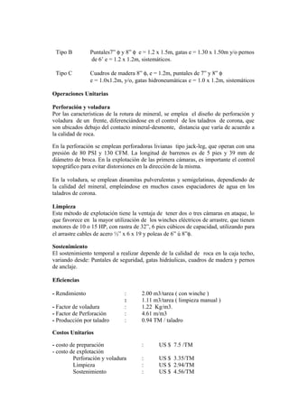 Tipo B Puntales7” φ y 8” φ e = 1.2 x 1.5m, gatas e = 1.30 x 1.50m y/o pernos
de 6’ e = 1.2 x 1.2m, sistemáticos.
Tipo C Cuadros de madera 8” φ, e = 1.2m, puntales de 7” y 8” φ
e = 1.0x1.2m, y/o, gatas hidroneumáticas e = 1.0 x 1.2m, sistemáticos
Operaciones Unitarias
Perforación y voladura
Por las características de la rotura de mineral, se emplea el diseño de perforación y
voladura de un frente, diferenciándose en el control de los taladros de corona, que
son ubicados debajo del contacto mineral-desmonte, distancia que varía de acuerdo a
la calidad de roca.
En la perforación se emplean perforadoras livianas tipo jack-leg, que operan con una
presión de 80 PSI y 130 CFM. La longitud de barrenos es de 5 pies y 39 mm de
diámetro de broca. En la explotación de las primera cámaras, es importante el control
topográfico para evitar distorsiones en la dirección de la misma.
En la voladura, se emplean dinamitas pulverulentas y semigelatinas, dependiendo de
la calidad del mineral, empleándose en muchos casos espaciadores de agua en los
taladros de corona.
Limpieza
Este método de explotación tiene la ventaja de tener dos o tres cámaras en ataque, lo
que favorece en la mayor utilización de los winches eléctricos de arrastre, que tienen
motores de 10 o 15 HP, con rastra de 32”, 6 pies cúbicos de capacidad, utilizando para
el arrastre cables de acero ½” x 6 x 19 y poleas de 6” ú 8”φ.
Sostenimiento
El sostenimiento temporal a realizar depende de la calidad de roca en la caja techo,
variando desde: Puntales de seguridad, gatas hidráulicas, cuadros de madera y pernos
de anclaje.
Eficiencias
- Rendimiento : 2.00 m3/tarea ( con winche )
: 1.11 m3/tarea ( limpieza manual )
- Factor de voladura : 1.22 Kg/m3.
- Factor de Perforación : 4.61 m/m3
- Producción por taladro : 0.94 TM / taladro
Costos Unitarios
- costo de preparación : US $ 7.5 /TM
- costo de explotación
Perforación y voladura : US $ 3.35/TM
Limpieza : US $ 2.94/TM
Sostenimiento : US $ 4.56/TM
 