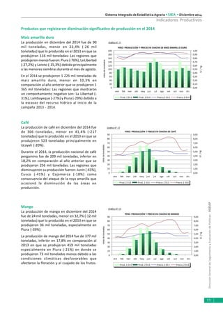 DirecciónGeneraldeSeguimientoyEvaluacióndePolíticas-DGESEP
Sistema Integrado de Estadística Agraria • SIEA • Diciembre 2014
11
Indicadores Productivos
Maíz amarillo duro
La producción en diciembre del 2014 fue de 90
mil toneladas, menor en 22,4% (-26 mil
toneladas) que lo producido en el 2013 en que se
produjeron 116 mil toneladas: Las regiones que
produjeron menos fueron: Piura (-76%), La Libertad
(-27,2%) y Loreto (-15,3%) debido principalmente
a las menores siembras durante el mes de agosto.
En el 2014 se produjeron 1 225 mil toneladas de
maíz amarillo duro, menor en 10,3% en
comparación al año anterior que se produjeron 1
365 mil toneladas: Las regiones que mostraron
un comportamiento negativo son: La Libertad (-
31%), Lambayeque (-27%) y Piura (-29%) debido a
la escasez del recurso hídrico al inicio de la
campaña 2013 - 2014.
Café
La producción de café en diciembre del 2014 fue
de 306 toneladas, menor en 41,4% (-217
toneladas) que lo producido en el 2013 en que se
produjeron 523 toneladas principalmente en
Ucayali (-20%).
Durante el 2014, la producción nacional de café
pergamino fue de 209 mil toneladas, inferior en
18,2% en comparación al año anterior que se
produjeron 256 mil toneladas. Las regiones que
disminuyeron su producción fueron: Junín (-43%),
Cusco (-41%) y Cajamarca (-18%) como
consecuencia del ataque de la roya amarilla que
ocasionó la disminución de las áreas en
producción.
Gráfico N° 11
Gráfico N° 12
Gráfico N° 13
Productos que registraron disminución significativa de producción en el 2014
Mango
La producción de mango en diciembre del 2014
fue de 24 mil toneladas, menor en 32,7% (-12 mil
toneladas) que lo producido en el 2013 en que se
produjeron 36 mil toneladas, especialmente en
Piura (-39%).
La producción de mango del 2014 fue de 377 mil
toneladas, inferior en 17,8% en comparación al
2013 en que se produjeron 459 mil toneladas
especialmente en Piura (-21%) en donde se
produjeron 73 mil toneladas menos debido a las
condiciones climáticas desfavorables que
afectaron la floración y el cuajado de los frutos.
PERÚ: PRODUCCIÓN Y PRECIO EN CHACRA DE MAÍZ AMARILLO DURO
0
20
40
60
80
100
120
140
160
180
200
ene feb mar abr may jun jul ago set oct nov dic
milesdetoneladas
0,00
0,10
0,20
0,30
0,40
0,50
0,60
0,70
0,80
0,90
1,00
S/./kg
Prod. 2 013 Prod. 2 014 Precio 2 013 Precio 2 014
PERÚ: PRODUCCIÓN Y PRECIO EN CHACRA DE CAFÉ
0
10
20
30
40
50
60
70
80
90
ene feb mar abr may jun jul ago set oct nov dic
milesdetoneladas
0,00
1,00
2,00
3,00
4,00
5,00
6,00
7,00
8,00
9,00
S/./kg
Prod. 2 013 Prod. 2 014 Precio 2 013 Precio 2 014
PERÚ: PRODUCCIÓN Y PRECIO EN CHACRA DE MANGO
0
10
20
30
40
50
60
70
80
90
ene feb mar abr may jun jul ago set oct nov dic
milesdetoneladas
0,00
1,00
2,00
3,00
4,00
5,00
6,00
7,00
8,00
9,00
S/./kg
Prod. 2 013 Prod. 2 014 Precio 2 013 Precio 2 014
 