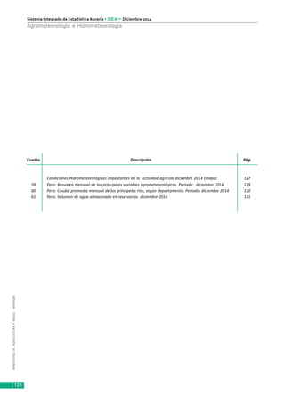 MINISTERIODEAGRICULTURAYRIEGO-MINAGRI
Sistema Integrado de EstadísticaAgraria • SIEA • Diciembre 2014
126
Agrometeorología e Hidrometeorología
Cuadro Descripción Pág.
Condiciones Hidrometeorológicas impactantes en la actividad agrícola diciembre 2014 (mapa) 127
59 Perú: Resumen mensual de las principales variables agrometeorológicas. Periodo: diciembre 2014 129
60 Perú: Caudal promedio mensual de los principales ríos, según departamento. Periodo: diciembre 2014 130
61 Perú: Volumen de agua almacenada en reservorios. diciembre 2014 131
 