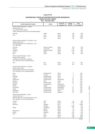 DirecciónGeneraldeSeguimientoyEvaluacióndePolíticas-DGESEP
Sistema Integrado de Estadística Agraria • SIEA • Diciembre 2014
145
Insumos y Servicios Agrarios
Sistema de Precio
Propagación S/. x Plantón
Estación Experimental Agraria: La Molina
Ubicación: Dpto. Lima
Av. La Molina Nº 1981 La Molina
Telefax: 349-2600 Anexo 249 email: celamolina@inia.gob.pe
Chirimoyo Cumbe Injerto 100 6,00
Palto Duke Patron 300 6,00
Fuerte Injerto 100 12,00
Hass Injerto 100 12,00
Estación Experimental Agraria: Los Andenes - Cusco
Ubicación: Dpto. Cusco
Av. Micaela Bastidas N° 310 - 314 Wuanchac - Cusco
Telf.: 084-232874
Chirimoyo Selección Andenes Injerto 380 6,00
Durazno Huayco Rojo Injerto 770 6,00
Granadilla Selección Andenes Injerto 1 780 2,00
Lúcumo Beltran Injerto 410 6,00
Palto Fuerte Injerto 220 6,00
Estación Experimental Agraria: Canaán
Ubicación: Dpto. Ayacucho
Av. Abancay s/n Canaán Bajo - Huamanga
Telf.: 066-312271 email: canaan@inia.gob.pe
Palto Hass Injerto 119 5,00
Fuerte Injerto 180 5,00
Estación Experimental Agraria: San Roque
Ubicación: Dpto. Loreto
Calle San Roque N° 209 Dist, San Juan Bautista
Telf.: 065-260732 email: sroque@inia.gob.pe
Araza No determinado Patron 5 2,00
Cacao Forastero Patron 6 2,00
Carambola No determinado Patron 3 2,00
Copoazu No determinado Patron 10 2,00
Lagarto Caspi No determinado Pepa Semilla* 15 2,00
Limonero Tahiti Injerto 50 3,00
Macambo No determinado Patron 35 2,00
Marañon No determinado Pepa Semilla* 7 2,00
Naranjo Tangelo Pepa Vegetativa 4 3,00
Pan de Arbol No determinado Pepa Semilla* 14 2,00
Papayo No determinado Pepa Semilla* 50 0,00
Quillobordon No determinado Patron 40 2,00
Remo Caspi No determinado Vegetativa 20 2,00
Estación Experimental Agraria: Donoso
Ubicación: Dpto. Lima
Ubicación: Altura Km. 5.6 Carretera Chancay - Huaral
Telef.: 246-2839 email: donoso@inia.gob.pe
Limonero Tahiti Injerto 81 6,00
Lúcumo Palo Patrón 1 496 2,00
Mandarino Cleopatra Pep ** 4 150,00
Cleopatra Patrón 2 982 2,00
Mango Cambodiano Patron 267 2,00
Edward Injerto 20 6,00
Melocotonero Okinawa Patron 137 1,80
Naranjo Washigton Injerto 423 6,00
Palto Duke Patron 1 937 4,00
Fuerte Injerto 380 10,00
Hass Injerto 596 10,00
continúa
Estación Experimental / Especie Cultivar
Cantidad
(Unidad)
Cuadro Nº 70
DISPONIBILIDAD Y PRECIO DE PLANTONES POR ESTACIÓN EXPERIMENTAL
SEGÚN CULTIVAR Y ESPECIE
Mes : Diciembre 2014
 