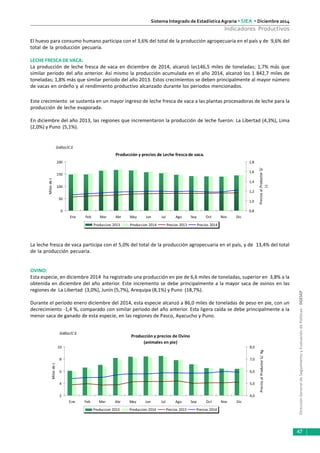 DirecciónGeneraldeSeguimientoyEvaluacióndePolíticas-DGESEP
Sistema Integrado de Estadística Agraria • SIEA • Diciembre 2014
47
Indicadores Productivos
El huevo para consumo humano participa con el 3,6% del total de la producción agropecuaria en el país y de 9,6% del
total de la producción pecuaria.
LECHE FRESCA DE VACA:
La producción de leche fresca de vaca en diciembre de 2014, alcanzó las146,5 miles de toneladas; 1,7% más que
similar periodo del año anterior. Así mismo la producción acumulada en el año 2014, alcanzó los 1 842,7 miles de
toneladas; 1,8% más que similar período del año 2013. Estos crecimientos se deben principalmente al mayor número
de vacas en ordeño y al rendimiento productivo alcanzado durante los periodos mencionados.
Este crecimiento se sustenta en un mayor ingreso de leche fresca de vaca a las plantas procesadoras de leche para la
producción de leche evaporada.
En diciembre del año 2013, las regiones que incrementaron la producción de leche fueron: La Libertad (4,3%), Lima
(2,0%) y Puno (5,1%).
Gráfico N° 5
La leche fresca de vaca participa con el 5,0% del total de la producción agropecuaria en el país, y de 13,4% del total
de la producción pecuaria.
OVINO:
Esta especie, en diciembre 2014 ha registrado una producción en pie de 6,6 miles de toneladas, superior en 3,8% a la
obtenida en diciembre del año anterior. Este incremento se debe principalmente a la mayor saca de ovinos en las
regiones de La Libertad (3,0%), Junín (5,7%), Arequipa (8,1%) y Puno (18,7%).
Durante el período enero diciembre del 2014, esta especie alcanzó a 86,0 miles de toneladas de peso en pie, con un
decrecimiento -1,4 %, comparado con similar periodo del año anterior. Esta ligera caída se debe principalmente a la
menor saca de ganado de esta especie, en las regiones de Pasco, Ayacucho y Puno.
Gráfico N° 6
Producción y precios de Leche fresca de vaca.
0
50
100
150
200
Ene Feb Mar Abr May Jun Jul Ago Sep Oct Nov Dic
Milesdet
0,8
1,0
1,2
1,4
1,6
1,8
PreciosalProductorS/
Lt
Produccion 2013 Produccion 2014 Precios 2013 Precios 2014
Producción y precios de Ovino
(animales en pie)
2
4
6
8
10
Ene Feb Mar Abr May Jun Jul Ago Sep Oct Nov Dic
Milesdet
4,0
5,0
6,0
7,0
8,0
PreciosalProductorS/.Kg
Produccion 2013 Produccion 2014 Precios 2013 Precios 2014
 