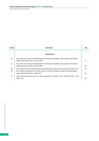 MINISTERIODEAGRICULTURAYRIEGO-MINAGRI
Sistema Integrado de EstadísticaAgraria • SIEA • Diciembre 2014
72
Indicadores Productivos
Cuadro Descripción Pág.
Agroindustrial
41 Perú: Valor de la Producción Agroindustrial de principales actividades, según productos terminados.
(Millones de Nuevos Soles a precios 2007). 77
42 Perú: Valor de la Producción Agroindustrial de principales actividades, según productos terminados.
(Millones de Nuevos Soles a precios 2007). 78
43 Perú: Producción de Principales Productos Agroindustriales, según actividad productiva. (Miles de t) 79
44 Perú: Ingreso y Utilización de materias primas e insumos intermedios, productos semielaborados,
según actividad productiva. (Miles de t) 81
45 Perú: Producción de Azúcar por mes, según departamento. Período: enero – diciembre 2013 – 2014
(Miles de t) 82
 