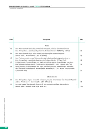 MINISTERIODEAGRICULTURAYRIEGO-MINAGRI
Sistema Integrado de EstadísticaAgraria • SIEA • Diciembre 2014
84
Comercio Interno
Cuadro Descripción Pág.
Precios
46 Perú: Precio promedio mensual al por mayor de principales productos agroalimentarios en
Lima Metropolitana y capitales de departamento. Periodo: Diciembre 2014 (S/./kg ó S/. /lt) 87
47 Perú: Precio promedio al por mayor por mes, según principales productos agrícolas
Período: enero – diciembre 2013 – 2014 (S/. por/ kg) 91
48 Perú: Precios promedio mensual al consumidor de principales productos agroalimentarios en
Lima Metropolitana y capitales de departamento. Período: diciembre (S/./kg ó S/. /lt) 92
49 Precio promedio al consumidor por mes, según principales productos alimenticios que intervienen
en el cálculo del índice de precios. Período: enero – diciembre 2013 - 2014 (Nuevos soles / kg) 96
50 Precio promedio al consumidor por mes, según principales productos alimenticios que intervienen
en el cálculo del índice de precios. Periodo: Enero - diciembre 2013 - 2014 (Nuevos soles constantes
a precios año 2009) 97
Abastecimiento
51 Lima Metropolitana: Ingreso mensual de principales productos alimenticios al Gran Mercado Mayorista
de Lima. Período: enero – diciembre 2013 - 2014 (Miles de t) 98
52 Ingreso de papa al Gran Mercado Mayorista de Lima por mes, según lugar de procedencia. .
Período: enero – diciembre 2013 - 2014 (Miles de t) 100
 