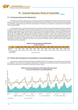 La MANDARINA Peruana
Un Producto de Enorme Potencial Exportador
11
IV. Consumo Nacional y Precio al Consumidor
4.1 El Consumo Nacional de Mandarinas
El consumo nacional de mandarinas es el resultado que hemos calculado sobre la base de la producción nacional
anual, a la que hemos sumado las marginales cifras de importación consumidas en nuestro mercado y se ha eliminado
los volúmenes de exportación que han sido consumidas en el exterior, su resultado es conocido como la demanda
interna aparente (DIA).
Entalsentido,elconsumointernodemandarinas havenidocreciendoenelpaísenlamedidaquesehaincrementado
la oferta nacional. Del año 2000 al año 2013 se ha duplicado dicho consumo, pasando de 127 mil toneladas a 261 mil
toneladas, respectivamente. El crecimiento del consumo nacional se ha logrado dinamizar a partir de la segunda mitad
del período bajo análisis (2006) siendo cubierta íntegramente por la producción nacional; sin embargo en el 2013 un
lote de casi 25 toneladas fue importada por primera vez desde los Estados Unidos, cifra aunque marginal ha sido
demandada para cierto nicho de mercado. Es importante resaltar que casi la mayor parte de la producción nacional es
consumida en el mercado interno, apenas entre un 15%-17% es exportada, incluso de aquellos fundos dedicados a la
exportación, alrededor de un 50% de su producción los orientan al mercado nacional, ya que los precios que se pagan
internamente son muy aceptables.
Años 2000 2001 2002 2003 2004 2005 2006 2007 2008 2009 2010 2011 2012 2013*
Volumen 127 123 122 149 156 142 154 169 157 143 185 193 230 261
*Cifras preliminares
Fuente: MINAGRI Elaboración: OEEE-UAE
Cuadro 2: Consumo Nacional de Mandarina
(En Miles de Toneladas)
4.2 Precios de la mandarina al consumidor en Lima Metropolitana
De acuerdo con la información proporcionada por el INEI, el precio de la mandarina al consumidor y que se presenta
en el gráﬁco 6, nos muestra un marcado comportamiento estacional y casi bastante parecido el comportamiento del
precio de la mandarina en el mercado de frutas (precio al por mayor).
Gráﬁco 8: Precio de Mandarinas al Por Mayor (Mercado Frutas)
y Precio al Consumidor en Lima Metropolitana
1.59
2.2
2.07
2.7
2.29
2.71
3.45
1.92
3.08
2.35
3.82
2.01
3.97
2.65
3.64
2.47
4.82
5.05
2.64
4.32
2.65
4.72
2.9
0
1
2
3
4
5
6
E
2006
M M J S N E
2007
M M J S N E
2008
M M J S N E
2009
M M J S N E
2010
M M J S N E
2011
M M J S N E
2012
M M J S N E
2013
M M J S N
Precio Mayorista Precio L. Metrop Expon. (Precio Mayorista) Expon. (Precio L. Metrop)
(Solesxkg)
Fuente:MINAGRI Elaboración:OEEE-UAE
 