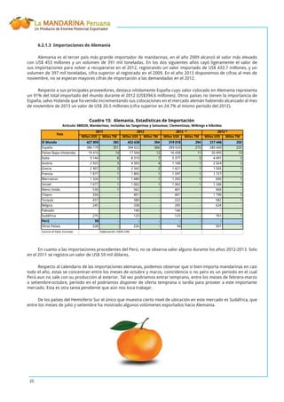 La MANDARINA Peruana
Un Producto de Enorme Potencial Exportador
25
6.2.1.3 Importaciones de Alemania
Alemania es el tercer país más grande importador de mandarinas, en el año 2009 alcanzó el valor más elevado
con US$ 453 millones y un volumen de 391 mil toneladas. En los dos siguientes años cayó ligeramente el valor de
sus importaciones para volver a recuperarse en el 2012, registrando un valor importado de US$ 433.7 millones, y un
volumen de 397 mil toneladas, cifra superior al registrado en el 2009. En el año 2013 disponemos de cifras al mes de
noviembre, no se esperan mayores cifras de importación a las demandadas en el 2012.
Respecto a sus principales proveedores, destaca nítidamente España cuyo valor colocado en Alemania representa
un 91% del total importado del mundo durante el 2012 (US$394.6 millones). Otros países no tienen la importancia de
España, salvo Holanda que ha venido incrementando sus colocaciones en el mercado alemán habiendo alcanzado al mes
de noviembre de 2013 un valor de US$ 20.5 millones (cifra superior en 24.7% al mismo período del 2012).
Miles US$ Miles TM Miles US$ Miles TM Miles US$ Miles TM Miles US$ Miles TM
El Mundo 427 859 383 433 638 394 319 018 294 317 446 250
España 386 179 351 394 622 366 289 024 273 280 600 225
Países Bajos (Holanda) 19 416 14 17 544 12 16 438 11 20 495 13
Italia 9 144 8 8 310 7 5 377 5 4 491 3
Austria 2 925 3 4 303 4 1 168 1 2 024 2
Grecia 2 907 3 2 342 2 1 421 1 1 505 1
Francia 1 877 1 1 805 1 1 597 1 1 727 1
Marruecos 1 326 1 1 480 1 1 265 1 690 1
Istrael 1 677 1 1 062 1 1 062 1 1 246 1
Reino Unido 530 1 562 - 401 - 404 -
Chipre 334 - 401 - 401 - 1 796 1
Turquía 437 - 380 - 222 - 582 1
Bélgica 245 - 338 - 285 - 624 -
Pakistán - - 140 - 140 - - -
Sudáfrica 275 - 123 - 123 - 761 1
Perú 59 - - - - - - -
Otros Países 528 - 226 - 94 - 501 -
Source of Data: Eurostat Elaboración: OEEE-UAE
2013 *
Cuadro 13: Alemania, Estadísticas de Importación
Artículo: 080520, Mandarinas, incluidas las Tangerinas y Satsumas; Clementinas, Wilkings e híbridos
País
2011 2012 2012 *
En cuanto a las importaciones procedentes del Perú, no se observa valor alguno durante los años 2012-2013. Solo
en el 2011 se registra un valor de US$ 59 mil dólares.
Respecto al calendario de las importaciones alemanas, podemos observar que si bien importa mandarinas en casi
todo el año, estas se concentran entre los meses de octubre y marzo, coincidencia o no pero es un periodo en el cual
Perú aun no sale con su producción al exterior. Tal vez podríamos entrar temprano, entre los meses de febrero-marzo
o setiembre-octubre, período en el podríamos disponer de oferta temprana o tardía para proveer a este importante
mercado. Esta es otra tarea pendiente que aún nos toca trabajar.
De los países del Hemisferio Sur el único que muestra cierto nivel de ubicación en este mercado es Sudáfrica, que
entre los meses de julio y setiembre ha mostrado algunos volúmenes exportados hacia Alemania.
 