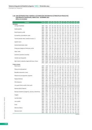 MINISTERIODEAGRICULTURAYRIEGO-MINAGRI
Sistema Integrado de Estadística Agraria • SIEA • Diciembre 2015
120
Comercio Interno
Producto Año Ene-Dic Ene Feb Mar Abr May Jun Jul Ago Set Oct Nov Dic
Hortalizas
Lechuga (repollada) 2014 46,1 3,9 3,5 4,3 4,4 4,1 3,1 3,5 4,5 3,9 3,6 3,4 4,1
2015 46,0 4,3 3,8 4,0 3,9 4,1 3,5 3,7 3,7 3,8 3,6 3,5 4,3
Sandía (patilla) 2014 29,1 3,6 3,3 3,4 2,8 2,4 1,8 1,3 1,3 1,6 2,1 2,5 3,1
2015 32,2 3,6 3,9 4,0 3,1 2,7 2,0 1,7 1,7 1,9 2,1 2,4 3,1
Rocoto (perón), verde 2014 30,0 2,3 2,1 2,4 2,7 2,7 2,6 2,6 2,6 2,2 2,3 2,6 2,9
2015 34,2 2,7 2,7 2,7 2,9 3,1 2,8 2,7 2,9 2,7 3,0 2,8 3,2
Ají amarillo, ají escabeche, verde 2014 26,8 2,3 2,1 2,0 1,8 2,2 2,0 2,3 2,4 2,4 2,5 2,5 2,5
2015 29,7 2,4 2,0 2,7 2,7 2,5 2,5 2,3 2,4 2,5 2,7 2,5 2,6
Tomate (tomate riñón, tomate de mesa) 1/ 2014 81,6 8,2 7,1 8,4 8,2 7,9 5,5 5,2 6,2 6,1 6,0 6,3 6,6
2015 81,7 6,4 7,4 7,7 7,3 7,2 6,8 6,3 6,3 6,4 6,6 6,3 7,0
Zapallo macre 2014 34,4 2,9 2,6 3,1 2,9 3,0 2,8 3,3 3,1 2,7 2,8 2,7 2,5
2015 33,1 2,9 2,4 3,0 2,7 2,9 2,8 2,8 2,8 2,8 2,7 2,7 2,7
Vainita (habichuela), verde 2014 17,4 1,5 1,3 1,4 1,4 1,3 1,2 1,0 1,2 1,7 1,7 1,6 2,1
2015 21,5 2,0 1,7 1,6 1,2 1,6 1,6 1,8 1,9 2,0 1,9 1,9 2,3
Arveja para desgranar Americana, verde 2014 31,5 2,8 2,9 3,3 3,0 2,7 2,5 2,4 2,7 2,5 2,1 1,9 2,5
2015 35,2 2,5 3,1 4,2 4,0 3,1 3,2 4,0 3,1 2,3 2,3 1,6 1,7
Haba, verde 2014 17,1 1,5 1,0 1,2 1,3 1,3 1,4 1,4 1,9 1,6 1,2 1,5 1,9
2015 18,9 1,4 1,3 1,5 1,6 1,5 1,4 1,6 2,0 1,9 1,8 1,9 1,2
Zanahoria (zanahoria amarilla) 2014 101,4 8,5 9,1 9,7 9,8 9,7 8,7 7,8 7,3 7,0 7,8 7,9 8,2
2015 100,2 8,4 8,9 9,4 8,8 8,8 8,1 7,9 7,9 7,5 8,2 7,8 8,6
Cebolla roja Arequipeña 2014 149,6 10,4 8,4 10,7 14,2 12,6 11,0 11,7 14,2 12,2 16,2 13,7 14,1
2015 173,2 14,7 13,6 17,9 15,7 13,6 13,3 11,8 13,0 12,5 16,4 16,8 13,7
Maíz choclo Urubamba, Gigante de Cuzco, fresco 2014 110,0 7,6 7,0 13,7 13,2 11,3 9,0 8,1 7,2 6,0 9,2 8,7 9,1
2015 103,7 9,0 8,8 10,1 12,4 11,5 9,4 6,4 6,0 7,2 8,1 6,4 8,4
Frutas y nueces
Palta Fuerte 2014 14,8 0,8 0,9 1,4 1,3 1,3 1,3 1,5 1,4 1,6 1,3 1,0 1,0
2015 16,9 1,1 1,1 1,7 1,5 1,8 1,5 1,5 1,4 1,3 1,5 1,2 1,2
Plátano de seda (guineo) 2014 89,0 7,7 7,1 7,6 7,6 8,4 8,1 7,2 7,4 7,2 7,3 6,6 6,7
2015 86,2 7,0 6,8 7,2 6,5 7,5 7,3 7,2 7,4 7,4 7,3 8,3 6,4
Bocadillo (manzanito, orito) 2014 52,7 3,9 3,8 4,0 4,1 4,3 4,5 4,8 4,2 4,3 4,7 4,9 5,1
2015 54,7 5,1 4,2 4,6 5,0 5,2 5,0 5,3 4,2 4,2 5,0 3,4 3,4
Plátano de la isla (parichao, topocho) 2014 82,3 6,4 5,8 7,3 6,7 7,2 8,0 7,8 6,8 6,4 7,0 6,2 6,7
2015 78,7 6,4 6,0 7,7 7,3 6,0 7,3 6,4 6,5 6,4 6,9 6,2 5,5
Papaya (lechosa) 2014 51,9 4,0 3,9 4,3 4,4 4,5 4,0 4,4 4,5 4,4 4,5 4,5 4,6
2015 59,9 4,7 4,5 4,8 4,9 5,6 5,0 5,2 5,3 5,2 4,9 4,8 5,0
Piña Hawaiana 2014 23,1 1,8 1,7 1,9 1,8 2,0 1,8 2,0 2,0 1,9 2,0 2,0 2,0
2015 24,7 2,0 1,8 2,0 2,1 2,2 2,0 2,1 2,1 2,1 2,1 2,1 2,1
Lima agria (limón castilla, limón sutil) 2014 130,7 13,4 11,4 11,9 10,6 10,2 9,0 9,1 10,4 10,3 10,4 11,5 12,4
2015 144,0 13,3 11,8 12,6 11,9 11,8 10,9 10,9 11,4 10,4 13,0 13,1 13,0
Naranja [dulce] Valencia 2014 67,4 5,8 5,3 5,7 5,7 5,8 5,8 5,6 5,7 5,2 5,6 5,7 5,5
2015 66,6 5,2 5,1 5,1 5,2 5,7 5,8 5,7 5,7 5,9 5,6 5,7 5,9
Naranja-mandarina (tangerina, satsuma, clementina) 2014 42,8 2,1 2,4 5,0 6,4 6,7 7,8 6,5 3,6 1,3 0,6 0,3 0,2
2015 45,1 2,7 2,9 4,7 6,3 8,0 8,4 5,6 3,5 1,2 0,5 0,5 0,8
Tangelo 2014 26,9 1,1 1,2 1,6 1,8 2,1 2,2 4,3 4,9 3,5 2,2 0,8 1,3
2015 31,7 1,7 1,5 1,7 1,9 2,2 2,6 5,6 6,0 3,9 1,7 1,5 1,5
Uva Red Globe 2014 11,1 1,7 2,0 1,6 1,4 0,6 0,3 0,5 0,3 0,3 0,4 0,6 1,5
2015 17,3 2,6 2,1 1,6 1,0 1,1 1,0 1,6 1,6 1,0 0,8 1,4 1,5
Uva Lavallet 2014 16,2 1,0 0,5 0,6 0,9 1,4 1,6 1,7 1,7 1,5 1,8 1,7 1,6
2015 15,0 0,7 0,7 0,5 1,1 1,8 1,6 1,3 1,3 1,5 1,6 1,3 1,5
Fresa 2014 26,6 1,2 0,9 0,9 0,5 0,7 1,2 2,8 3,4 4,0 4,9 3,8 2,3
2015 25,6 1,4 1,1 0,9 0,7 0,8 1,0 2,2 3,1 3,5 4,7 3,2 3,0
Manzana Delicia 2014 51,6 3,5 3,3 3,8 3,9 4,4 4,8 5,3 5,0 4,5 4,4 4,0 4,5
2015 52,9 4,2 3,7 4,2 3,9 4,7 5,1 5,3 5,1 4,7 4,4 4,1 3,6
Manzana Israel 2014 18,2 2,4 1,9 1,9 1,3 1,4 0,9 0,9 1,0 1,1 1,7 1,6 2,0
2015 19,2 2,3 1,9 2,2 2,2 1,9 1,2 0,9 1,0 1,0 1,6 1,4 1,7
continúa
C.60 LIMA METROPOLITANA: INGRESO A LOS MERCADOS MAYORISTAS DE PRINCIPALES PRODUCTOS
POR PRODUCTO SEGÚN MES, ENERO 2014 - DICIEMBRE 2015
(Miles de toneladas)
 