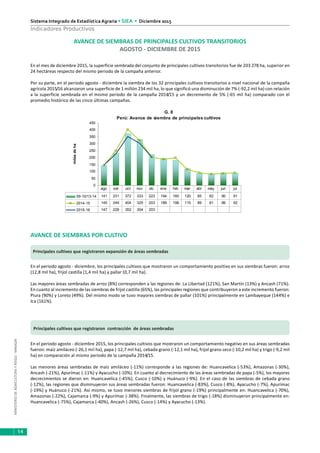 MINISTERIODEAGRICULTURAYRIEGO-MINAGRI
Sistema Integrado de Estadística Agraria • SIEA • Diciembre 2015
14
Indicadores Productivos
Principales cultivos que registraron contracción de áreas sembradas
En el periodo agosto - diciembre 2015, los principales cultivos que mostraron un comportamiento negativo en sus áreas sembradas
fueron: maíz amiláceo (-26,1 mil ha), papa (-12,7 mil ha), cebada grano (-12,1 mil ha), frijol grano seco (-10,2 mil ha) y trigo (-9,2 mil
ha) en comparación al mismo periodo de la campaña 2014/15.
Las menores áreas sembradas de maíz amiláceo (-11%) corresponde a las regiones de: Huancavelica (-53%), Amazonas (-30%),
Ancash (-21%), Apurímac (-11%) y Ayacucho (-10%). En cuanto al decrecimiento de las áreas sembradas de papa (-5%), los mayores
decrecimientos se dieron en: Huancavelica (-45%), Cusco (-10%) y Huánuco (-9%). En el caso de las siembras de cebada grano
(-12%), las regiones que disminuyeron sus áreas sembradas fueron: Huancavelica (-83%), Cusco (-8%), Ayacucho (-7%), Apurímac
(-19%) y Huánuco (-21%). Así mismo, se tuvo menores siembras de frijol grano (-19%) principalmente en: Huancavelica (-70%),
Amazonas (-22%), Cajamarca (-9%) y Apurímac (-38%). Finalmente, las siembras de trigo (-18%) disminuyeron principalmente en:
Huancavelica (-75%), Cajamarca (-40%), Ancash (-26%), Cusco (-14%) y Ayacucho (-13%).
AVANCE DE SIEMBRAS DE PRINCIPALES CULTIVOS TRANSITORIOS
AGOSTO - DICIEMBRE DE 2015
En el mes de diciembre 2015, la superficie sembrada del conjunto de principales cultivos transitorios fue de 203 278 ha, superior en
24 hectáreas respecto del mismo periodo de la campaña anterior.
Por su parte, en el periodo agosto - diciembre la siembra de los 32 principales cultivos transitorios a nivel nacional de la campaña
agrícola 2015/16 alcanzaron una superficie de 1 millón 234 mil ha, lo que significó una disminución de 7% (-92,2 mil ha) con relación
a la superficie sembrada en el mismo período de la campaña 2014/15 y un decremento de 5% (-65 mil ha) comparado con el
promedio histórico de las cinco últimas campañas.
Principales cultivos que registraron expansión de áreas sembradas
En el periodo agosto - diciembre, los principales cultivos que mostraron un comportamiento positivo en sus siembras fueron: arroz
(12,8 mil ha), frijol castilla (1,4 mil ha) y pallar (0,7 mil ha).
Las mayores áreas sembradas de arroz (8%) corresponden a las regiones de: La Libertad (121%), San Martín (13%) y Ancash (71%).
En cuanto al incremento de las siembras de frijol castilla (65%), las principales regiones que contribuyeron a este incremento fueron:
Piura (90%) y Loreto (49%). Del mismo modo se tuvo mayores siembras de pallar (101%) principalmente en Lambayeque (144%) e
Ica (161%).
AVANCE DE SIEMBRAS POR CULTIVO
G. 8
Perú: Avance de siembra de principales cultivos
0
50
100
150
200
250
300
350
400
450
milesdeha
09-10/13-14 141 231 372 333 223 194 180 120 85 82 90 91
2014-15 145 249 404 325 203 189 198 115 89 81 86 92
2015-16 147 228 352 304 203
ago set oct nov dic ene feb mar abr may jun jul
 