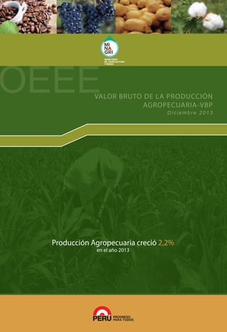 Martín, Cusco y Amazonas las cuales han producido el
89,3% del total nacional.Junín y San Martín tienen el 40,1%
de la producción total y en el año 2013 su producción
disminuyó en 29,5%.
Los precios en chacra a nivel nacional han caído 22,9%
(S/. 1,45 menos por kg) con referencia al año pasado.
Se pagó el mejor precio en Piura (S/. 8,97 por kg de café
orgánico) y el menor precio en Loreto (S/.2,67 por kg).
Aceituna
Baja la producción por efectos de clima que afectó
ﬂoración y fructiﬁcación de los olivares
En la época de otoño e invierno del 2013, el clima no
fue favorable por la zona sur occidental del país; las
temperaturas mínimas presentaron anomalías superiores
a sus normales que perjudicaron la buena ﬂoración de los
olivares y afectaron su fructiﬁcación en Arequipa yTacna.En
consecuencia, la producción de aceituna disminuyó 37,6%
(34,8 mil t menos) con relación al año 2012; la producción
de Arequipa cayó 83,5% (21,7 mil t menos) y la de Tacna
23,6% (14,6 mil t menos).
El precio en chacra a nivel nacional se elevó S/.0,23 por kg.
En Arequipa el precio se incrementó 64,8% (S/. 0,87 más
por kg), mientras que en Tacna escasamente 2,6% (S/. 0,05
más por kg).
OEEEOEEEVALOR BRUTO DE LA PRODUCCIÓN
OEEEVALOR BRUTO DE LA PRODUCCIÓN
OEEE AGROPECUARIA-VBP
Diciembre 2013
MINISTERIO DE AGRICULTURA Y RIEGO
Milton von Hesse La Serna
MINISTRO DE AGRICULTURA Y RIEGO
Luis Rubén Zavaleta Remy
VICEMINISTRO DE POLÍTICAS AGRARIAS
Juan Manuel Benites Ramos
VICEMINISTRO DE DESARROLLO E INFRAESTRUCTURA AGRARIA Y RIEGO
OFICINA DE ESTUDIOS ECONÓMICOS Y ESTADÍSTICOS - OEEE
Hugo Fano Rodríguez
DIRECTOR GENERAL
MINISTERIO DE AGRICULTURA Y RIEGO
OFICINA DE ESTUDIOS ECONÓMICOS Y ESTADÍSTICOS - OEEE
Jr. Yauyos 258, Cercado de Lima
Central: 2098800 Anexo: 2320 / 2108
Email: siea@minagri.gob.pe / Web: www.minagri.gob.pe
Diseño: OEEE/MINAGRI
Hecho el depósito Legal en la Biblioteca Nacional del Perú
Nº 2010-08908
Razón Social: Oﬁcina de Estudios Económicos y Estadísticos-
Ministerio de Agricultura y Riego
Jr.Yauyos 258 Cercado de Lima
Edición: Diciembre 2013
Impresor: Merino Castillo Delﬁn Mauricio - Jr. Ica 298 - Lima
Tiraje: 500 ejemplares
Febrero-2014
Ave
Mayor saca por incremento de las colocaciones de pollos
BB en granjas de engorde
En el 2013 la saca de ave fue de 594,2 millones de unidades,
con un peso por ave viva de 1,5 millones de toneladas,
aumentando en 3,2% (18,6 millones más) y 2,7% (38,0 mil
toneladas más),respectivamente.
La crianza de pollos en granjas de engorde es el principal
componente de ave, que atiende la demanda de pollerías y
carne en mercados y bodegas del país; esta crianza alcanzó
en el 2013 una mayor colocación de pollos BB en granjas
que fue de 592,0 millones de pollitos BB superior en 3,2%
(18,5 millones más).Tres son las regiones donde se realizan
mayores crianzas: Lima (51,9%), La Libertad (19,8%) y
Arequipa (10,2%) y cubren el 81,9% del total nacional.
El precio pagado al productor de ave en pie en el 2013 fue
de S/. 4,75 por kg, obteniéndose el mayor precio pagado al
productor en la región de Loreto (S/.6,61 por kg) y el menor
en Tumbes (S/.4,12 por kg).
Productos que disminuyeron en el 2013
Café
Infestación de cafetales y demanda del mercado exterior
afectan al café nacional
La infestación de los cafetales con la Roya Amarilla y la
menor demanda externa por café peruano inﬂuyeron en
la menor producción del año. La producción de café del
año 2013 alcanzó las 257,2 mil toneladas, 19,7% inferior
(62,9 mil t menos) a lo obtenido en el 2012. Cinco son las
principales regiones productoras: Junín, Cajamarca, San
Producción Agropecuaria creció 2,2%
en el año 2013
Café
-
20
40
60
80
Ene Feb Mar Abr May Jun Jul Ago Sep Oct Nov Dic
Milesdet
Promedio 2001-2011
2013
2012
Fuente: MINAGRI-OEEE Elaboración: MINAGRI-OEEE
Aceituna
-
5
10
15
20
25
30
35
Ene Feb Mar Abr May Jun Jul Ago Sep Oct Nov Dic
Milesdet
Promedio 2001-2011
2013
2012
Fuente: MINAGRI-OEEE Elaboración: MINAGRI-OEEE
-
30
60
90
120
150
180
210
Ene Feb Mar Abr May Jun Jul Ago Sep Oct Nov Dic
Milesdet
Ave
(animales en pie)
Promedio 2001-2011
2013
2012
Fuente: MINAGRI-OEEE Elaboración: MINAGRI-OEEE
 