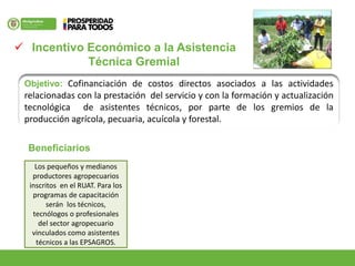  Incentivo Económico a la Asistencia
Técnica Gremial
Objetivo: Cofinanciación de costos directos asociados a las actividades
relacionadas con la prestación del servicio y con la formación y actualización
tecnológica de asistentes técnicos, por parte de los gremios de la
producción agrícola, pecuaria, acuícola y forestal.
Los pequeños y medianos
productores agropecuarios
inscritos en el RUAT. Para los
programas de capacitación
serán los técnicos,
tecnólogos o profesionales
del sector agropecuario
vinculados como asistentes
técnicos a las EPSAGROS.
Beneficiarios
 