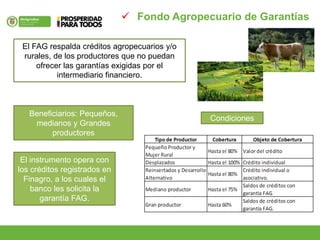  Fondo Agropecuario de Garantías
El FAG respalda créditos agropecuarios y/o
rurales, de los productores que no puedan
ofrecer las garantías exigidas por el
intermediario financiero.
Beneficiarios: Pequeños,
medianos y Grandes
productores
El instrumento opera con
los créditos registrados en
Finagro, a los cuales el
banco les solicita la
garantía FAG.
Condiciones
 