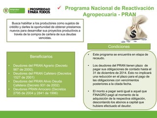 Busca habilitar a los productores como sujetos de
crédito y darles la oportunidad de obtener prestamos
nuevos para desarrollar sus proyectos productivos a
través de la compra de cartera de sus deudas
vencidas.
Beneficiarios
• Deudores del PRAN Agrario (Decreto
967 de 2000).
• Deudores del PRAN Cafetero (Decretos
1527 de 2001)
• Deudores del PRAN Alivio Deuda
Cafetera (Decreto 931 de 2002)
• Deudores PRAN Arrocero (Decretos
2795 de 2004 y 2841 de 1996)
Condiciones
• Este programa se encuentra en etapa de
recaudo.
• Los deudores del PRAN tienen plazo de
pagar sus obligaciones de contado hasta el
31 de diciembre de 2014. Esto no implicará
una reducción en el plazo para el pago de
las obligaciones con vencimientos
posteriores a la citada fecha.
• El monto a pagar será igual a aquel que
FINAGRO pagó al momento de la
adquisición de la respectiva obligación,
descontando los abonos a capital que
hubiere efectuado el deudor.
 Programa Nacional de Reactivación
Agropecuaria - PRAN
 