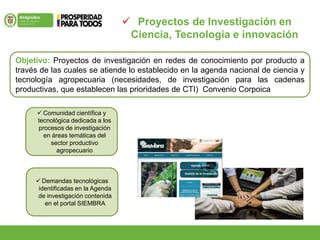  Proyectos de Investigación en
Ciencia, Tecnología e innovación
Objetivo: Proyectos de investigación en redes de conocimiento por producto a
través de las cuales se atiende lo establecido en la agenda nacional de ciencia y
tecnología agropecuaria (necesidades, de investigación para las cadenas
productivas, que establecen las prioridades de CTI) Convenio Corpoica
 Comunidad científica y
tecnológica dedicada a los
procesos de investigación
en áreas temáticas del
sector productivo
agropecuario
 Demandas tecnológicas
identificadas en la Agenda
de investigación contenida
en el portal SIEMBRA
 