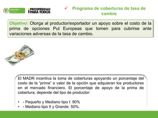 Objetivo: Otorga al productor/exportador un apoyo sobre el costo de la
prima de opciones Put Europeas que tomen para cubrirse ante
variaciones adversas de la tasa de cambio.
 Programa de coberturas de tasa de
cambio
El MADR incentiva la toma de coberturas apoyando un porcentaje del
costo de la “prima” o valor de la opción que adquieran los productores
en el mercado financiero. El porcentaje de apoyo de la prima de
cobertura, depende del tipo de productor:
• - Pequeño y Mediano tipo I: 90%
• - Mediano tipo II y Grande: 50%.
 