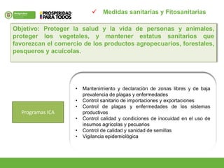 Objetivo: Proteger la salud y la vida de personas y animales,
proteger los vegetales, y mantener estatus sanitarios que
favorezcan el comercio de los productos agropecuarios, forestales,
pesqueros y acuícolas.
 Medidas sanitarias y Fitosanitarias
• Mantenimiento y declaración de zonas libres y de baja
prevalencia de plagas y enfermedades
• Control sanitario de importaciones y exportaciones
• Control de plagas y enfermedades de los sistemas
productivos
• Control calidad y condiciones de inocuidad en el uso de
insumos agrícolas y pecuarios
• Control de calidad y sanidad de semillas
• Vigilancia epidemiológica
Programas ICA
 