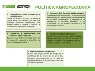 POLÍTICA AGROPECUARIA
1. Generación de Empleo e Ingresos en la
Población Rural
Facilitar el acceso a la tierra, la asistencia
técnica, entre otros factores esenciales para
promover actividades agropecuarias que
generen empleo e ingresos y mejoren la
calidad de vida la población rural pobre.
4. Equidad en el Desarrollo Regional
atender de manera integral y diferenciada las
regiones del país, con el fin disminuir las
brechas en materia de desarrollo rural y la
calidad de vida que él se deriva.
3. Ampliación y Diversificación del
Mercado Interno y Externo
Buscar nuevos destinos de exportación de
la producción nacional y diversificar la
oferta exportable sectorial.
2. Incremento de la Competitividad Agropecuaria
Financiamiento de las inversiones en infraestructura
para la producción, transformación y comercialización
de los bienes agropecuarios, el desarrollo de la
investigación e innovación tecnológica y su
incorporación en los procesos productivos, y el
fortalecimiento sanitario.
5. Gestión del Riesgo Agropecuario
Buscar una mejor gestión del riesgo de la
volatilidad de los precios de los productos,
insumos, comportamiento de la tasa de
cambio y del clima, a fin de atraer y mantener
la inversión privada.
 