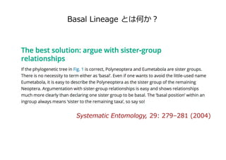 Basal Lineage とは何か？
Systematic Entomology, 29: 279–281 (2004)
 