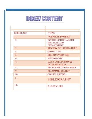 SERIAL NO TOPIC
1. HOSPITAL PROFILE
2. INTRODUCTION ABOUT
SPELIZALIZED
DEPARTMENT
3. REVIEW OF LITARATURE
4. OBJECTIVE
5. BROAD OVERVIEW
6. METHOLOGY
7. DATA COLLECTION &
INTERPITATION
8. PROBLEMS OF OPD AREA
9. RECOMMENDATION
10. CONSCLUSIONS
11.
BIBLIOGRAPHY
12.
ANNEXURE
 