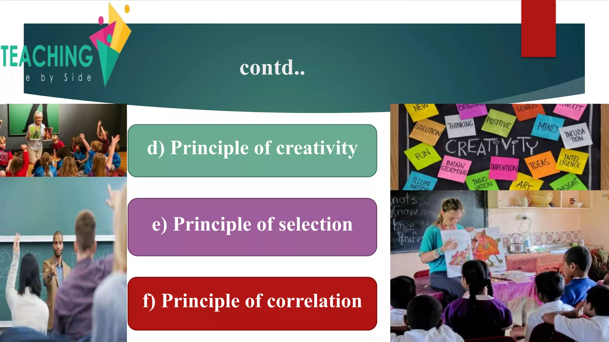 contd..
d) Principle of creativity
e) Principle of selection
f) Principle of correlation
 